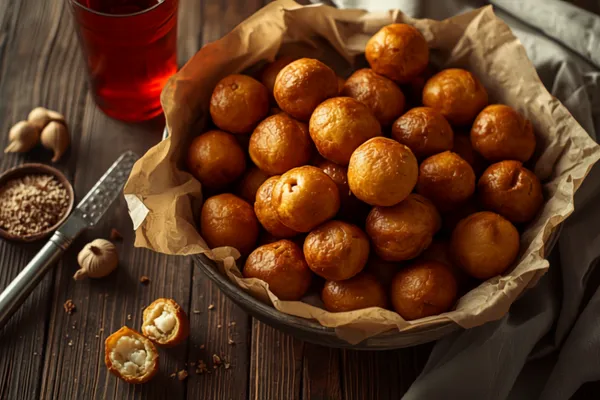 A dark metal bowl lined with crumpled brown paper, heaped with about twenty glossy, deep-golden Nigerian puff puff balls, sitting on a weathered dark wooden table in warm side light. At the lower left one ball has been torn in half to show its soft, pale, airy interior; behind it sit a small wooden bowl of freshly grated nutmeg, a long metal rasp grater and three whole nutmegs. A tall glass of deep red hibiscus zobo stands at the top left and a grey linen cloth falls down the right-hand edge.