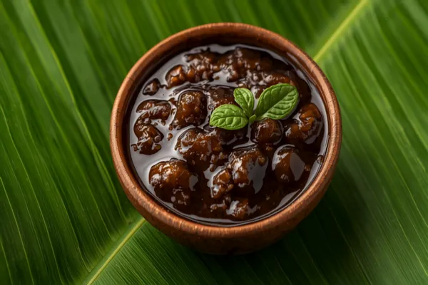 A small bowl of dark, glossy Kerala puli inji — ginger-tamarind relish flecked with curry leaves — at the corner of a banana leaf.
