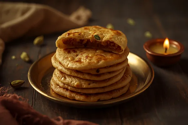 A stack of golden puran poli on a brass plate, the top one torn open to show the dark jaggery-and-chana-dal filling, a small bowl of warm ghee and a lit diya beside it in soft natural light.