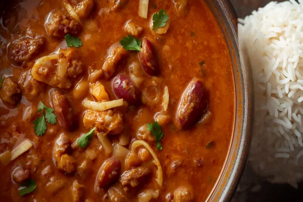 A bowl of thick, creamy red-brown rajma kidney bean curry garnished with coriander and ginger juliennes, served beside a mound of steamed white rice.