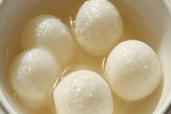 Several white, spongy rasgullas sitting in clear sugar syrup in a small bowl, glistening and soft.