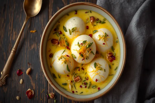 Flat white chhena discs soaking in creamy saffron-yellow rabri in a shallow bowl, garnished with slivered green pistachios and a few saffron threads, glistening and cold.