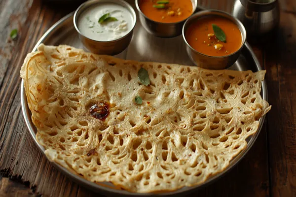 A thin, golden-brown rava dosa full of lacy holes, folded on a steel plate beside small bowls of white coconut chutney and orange sambar, South Indian tiffin setting in natural light.
