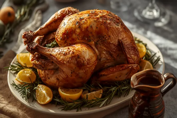 A whole herb-roasted Thanksgiving turkey with deep golden-brown crisp skin on a platter, garnished with fresh herbs and lemon, with a jug of gravy alongside.
