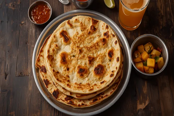 Overhead view of a stack of four freshly griddled Malaysian roti canai on a round stainless steel plate, their edges layered and irregular and their pale surfaces blistered with dark golden-brown scorch marks, on a weathered dark wooden table with a small steel bowl of dark red sambal, a steel bowl of dhal with soft potato and carrot cubes, a lime wedge and a tall glass of pale orange teh tarik around them.