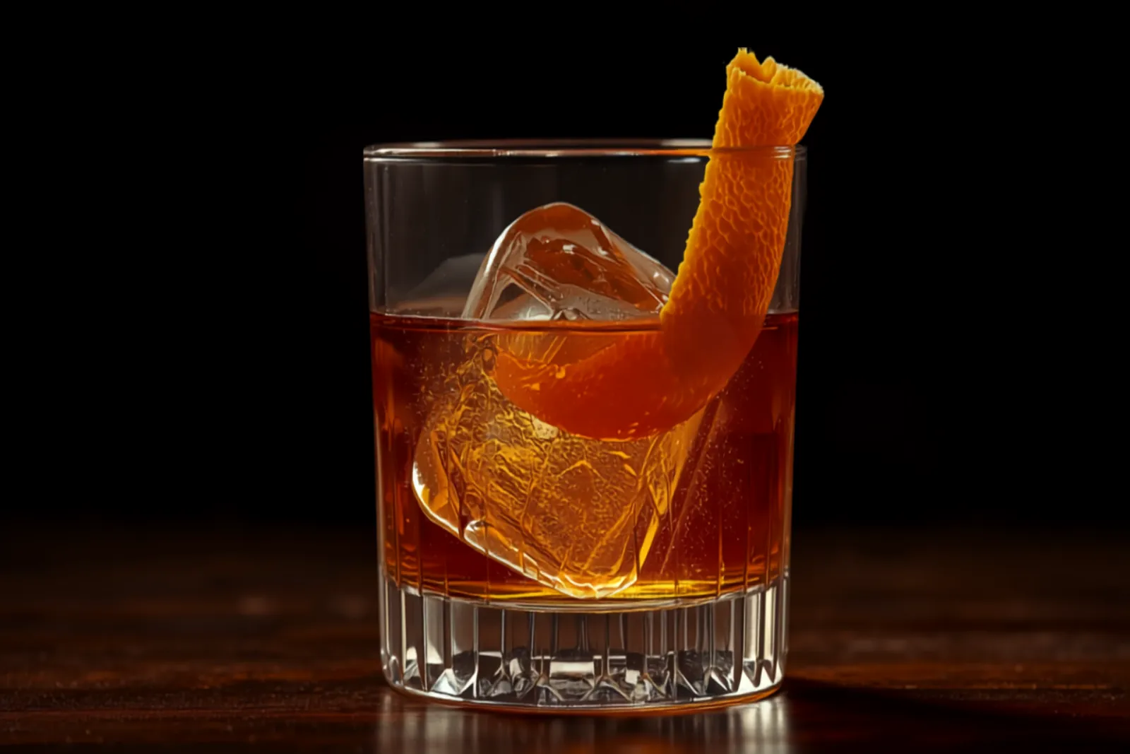 A rum Old Fashioned over a large ice cube in a rocks glass with an expressed orange peel, warm amber light.