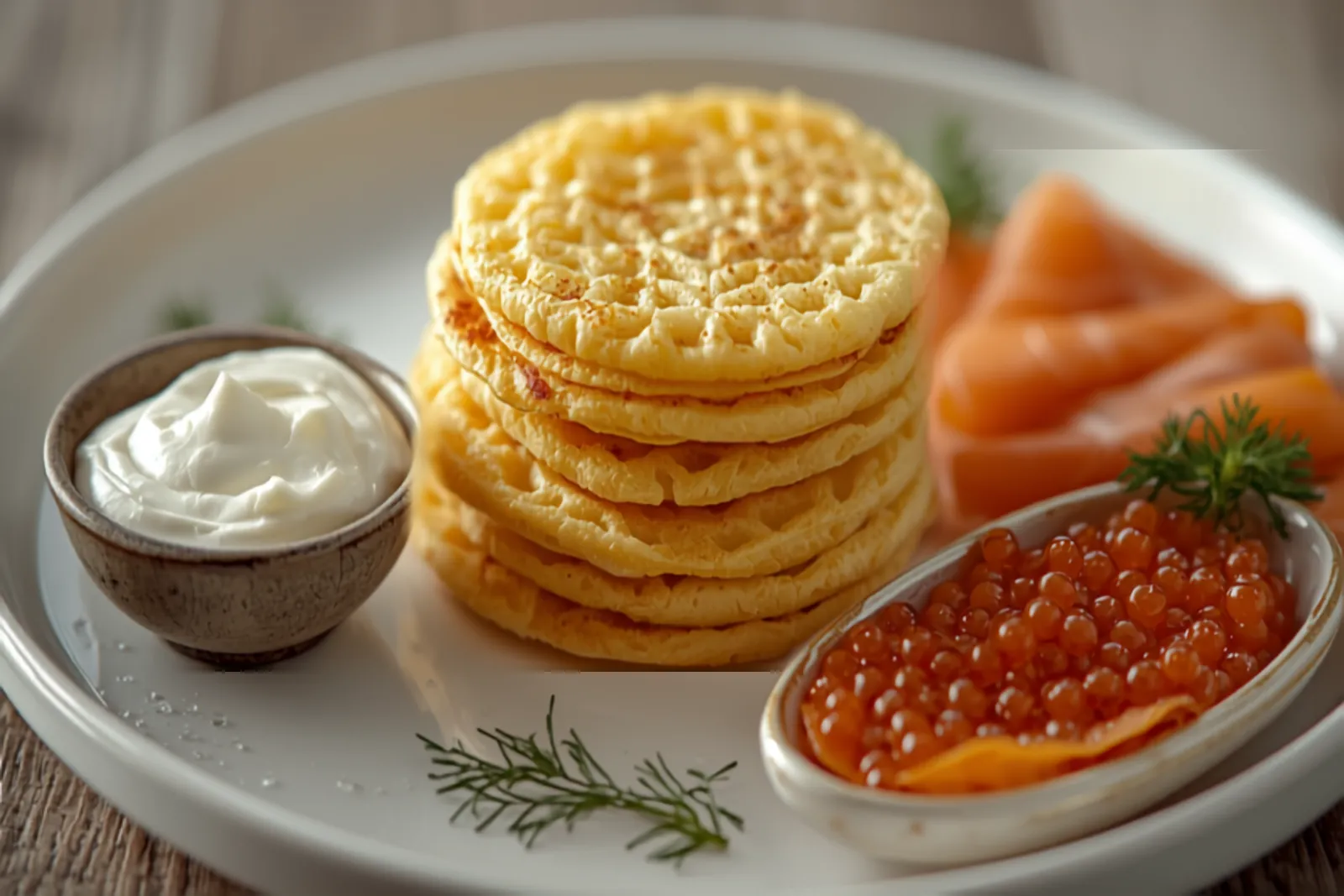 A stack of golden, lacy Russian blini on a plate with a bowl of white sour cream, a dish of red caviar, and smoked salmon and dill alongside.
