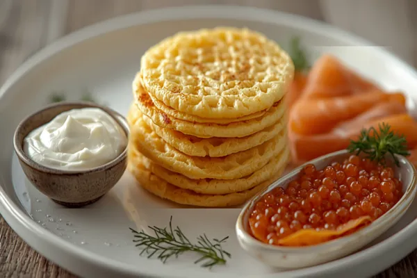 A stack of golden, lacy Russian blini on a plate with a bowl of white sour cream, a dish of red caviar, and smoked salmon and dill alongside.
