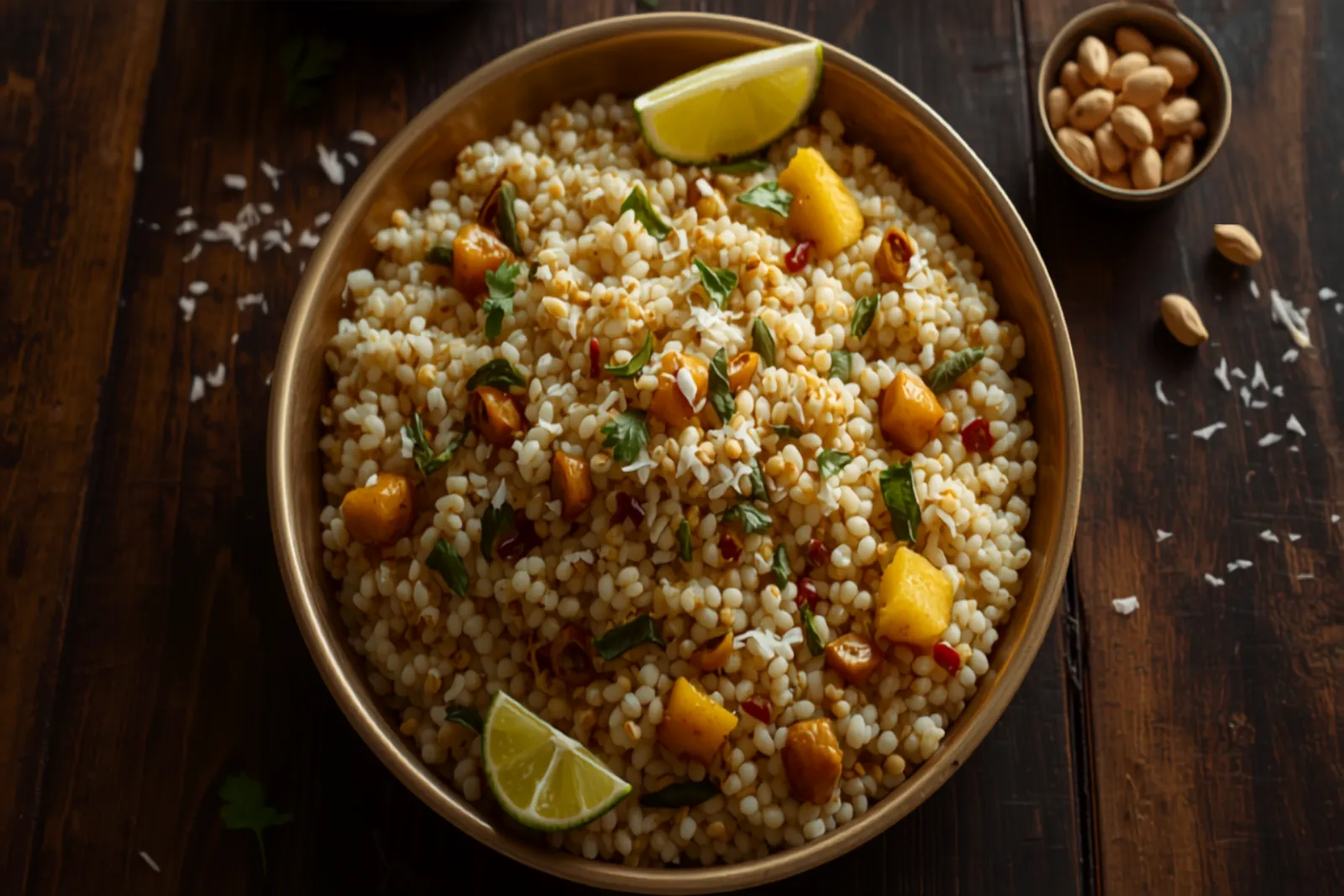 A steel plate of sabudana khichdi — glossy translucent tapioca pearls flecked with golden potato cubes, crushed peanuts, green chilli and fresh coriander — with a lime wedge and grated coconut on top, shot in soft natural daylight.