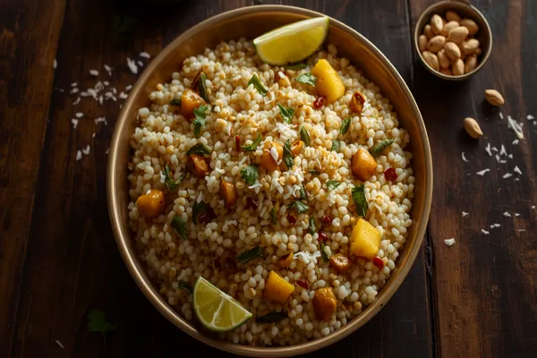 A steel plate of sabudana khichdi — glossy translucent tapioca pearls flecked with golden potato cubes, crushed peanuts, green chilli and fresh coriander — with a lime wedge and grated coconut on top, shot in soft natural daylight.
