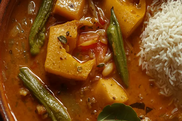 A bowl of orange-brown sambar thick with chunks of vegetables and lentils, finished with curry leaves and a glistening tempering, beside a mound of steamed rice.