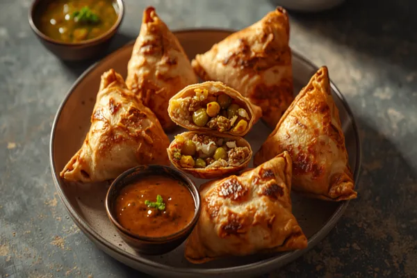 A plate of crisp golden Punjabi samosas with a blistered flaky crust, one broken open to show the spiced potato-and-pea filling, with bowls of tamarind and green chutney.
