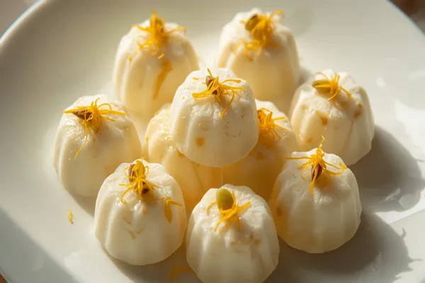 Several pale, delicately moulded sandesh pieces on a plate, each topped with a sliver of pistachio or saffron, soft and fudge-like.