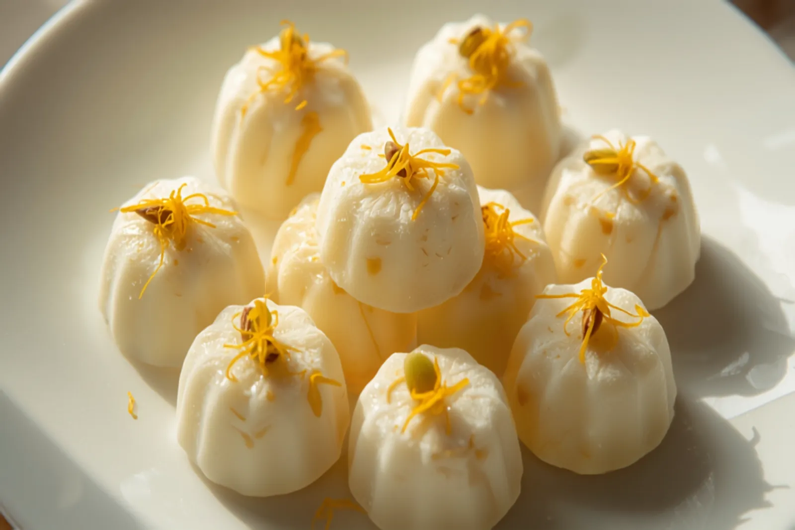 Several pale, delicately moulded sandesh pieces on a plate, each topped with a sliver of pistachio or saffron, soft and fudge-like.