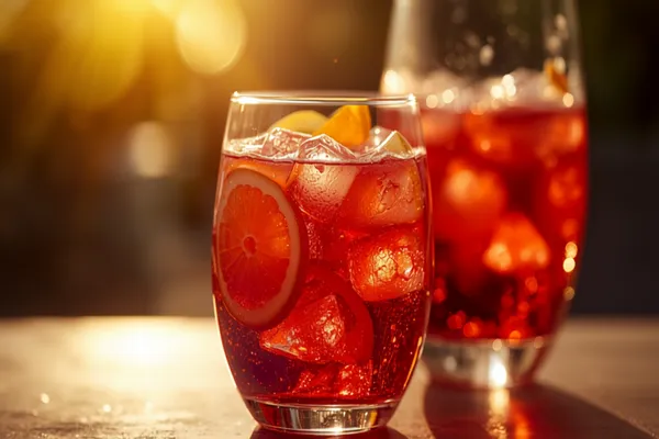 A glass pitcher and glasses of deep red sangria packed with orange slices, lemon, and diced apple, over ice in warm afternoon light.