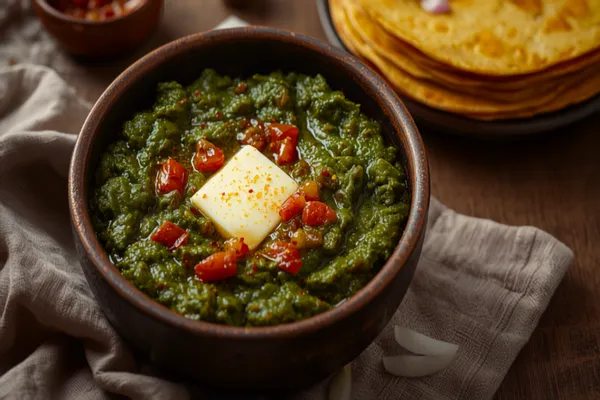 A rustic bowl of dark green sarson ka saag topped with a melting knob of white butter and a spoon of golden onion-tomato tadka, a stack of makki di roti and sliced onion beside it in warm winter light.