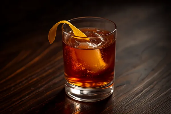 A Sazerac served neat in an absinthe-rinsed rocks glass, deep amber, with a lemon twist resting on the rim.