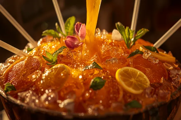 A large tiki Scorpion Bowl full of orange punch over crushed ice with citrus wheels, mint, flowers and several long straws, festive light.
