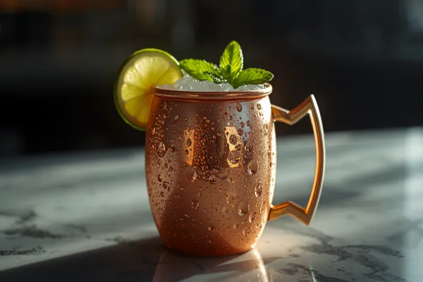A copper mug Scottish mule with Scotch whisky, a lime wedge and mint sprig, condensation on the copper in soft light.