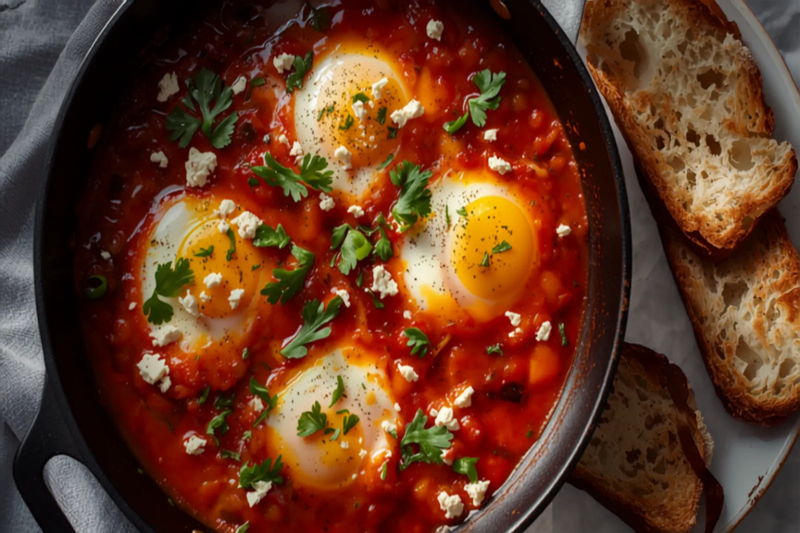 A cast-iron skillet of shakshuka — eggs with runny yolks nestled in a bubbling red tomato-and-pepper sauce, topped with crumbled white feta and chopped green coriander, with bread alongside.