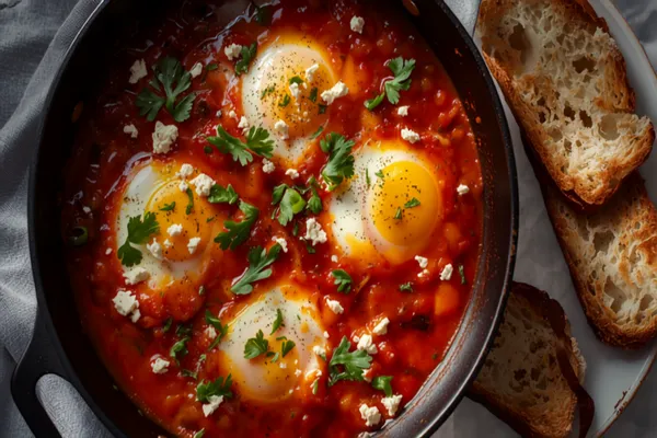 A cast-iron skillet of shakshuka — eggs with runny yolks nestled in a bubbling red tomato-and-pepper sauce, topped with crumbled white feta and chopped green coriander, with bread alongside.