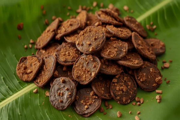 A pile of dark, jaggery-frosted Kerala sharkara upperi (banana chips) with a dry, crystallised coating, on a banana leaf.