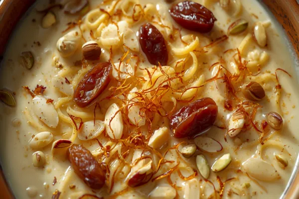 A bowl of creamy sheer khurma with fine golden vermicelli, sliced dates, and slivered almonds and pistachios on top, dusted with saffron.