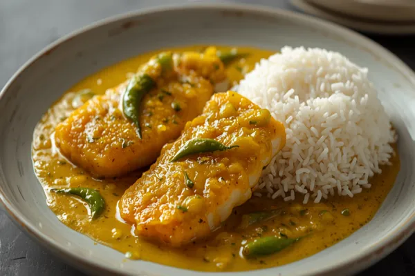 Bengali shorshe ilish — hilsa fish steaks in a golden-yellow mustard gravy with whole green chillies — served beside a mound of plain white rice.