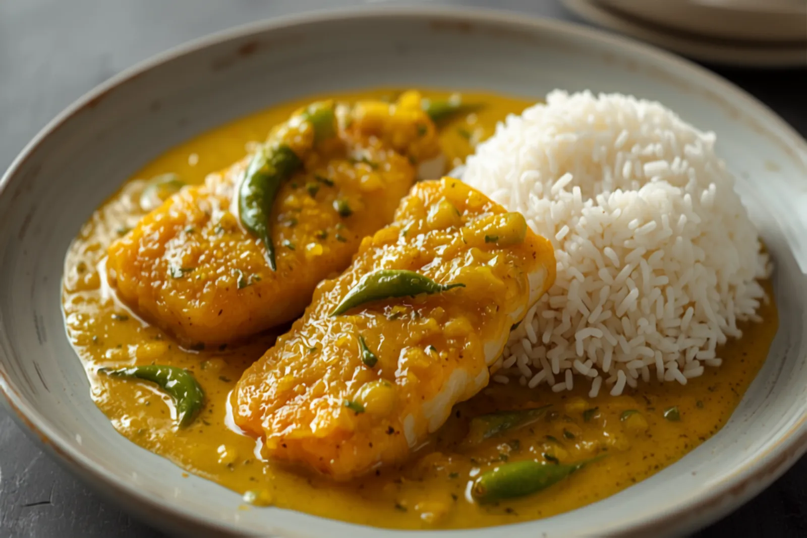 Bengali shorshe ilish — hilsa fish steaks in a golden-yellow mustard gravy with whole green chillies — served beside a mound of plain white rice.