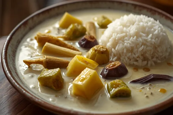 A pale, milky Bengali shukto with assorted vegetable pieces — bitter melon, drumstick, raw banana, eggplant — in a light gravy, garnished simply, beside rice.