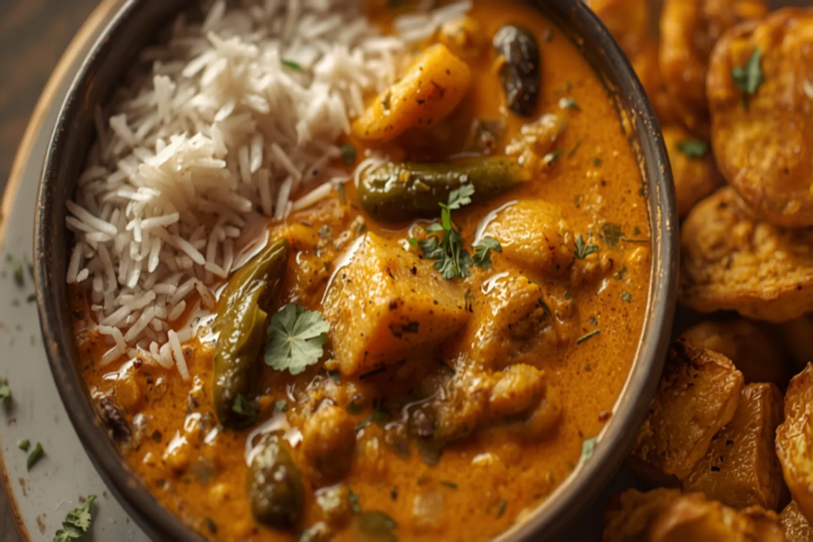 A bowl of Sindhi kadhi — a golden-brown tangy gram-flour curry with drumsticks, cluster beans and potato, beside a plate of steamed rice and twice-fried aloo tuk.
