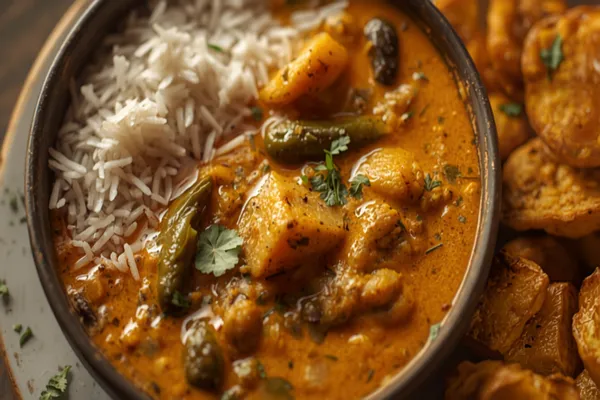 A bowl of Sindhi kadhi — a golden-brown tangy gram-flour curry with drumsticks, cluster beans and potato, beside a plate of steamed rice and twice-fried aloo tuk.