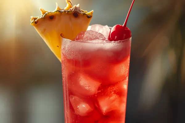 A Singapore Sling in a tall glass over ice, deep pink-red and frothy on top, garnished with a pineapple wedge and a maraschino cherry.