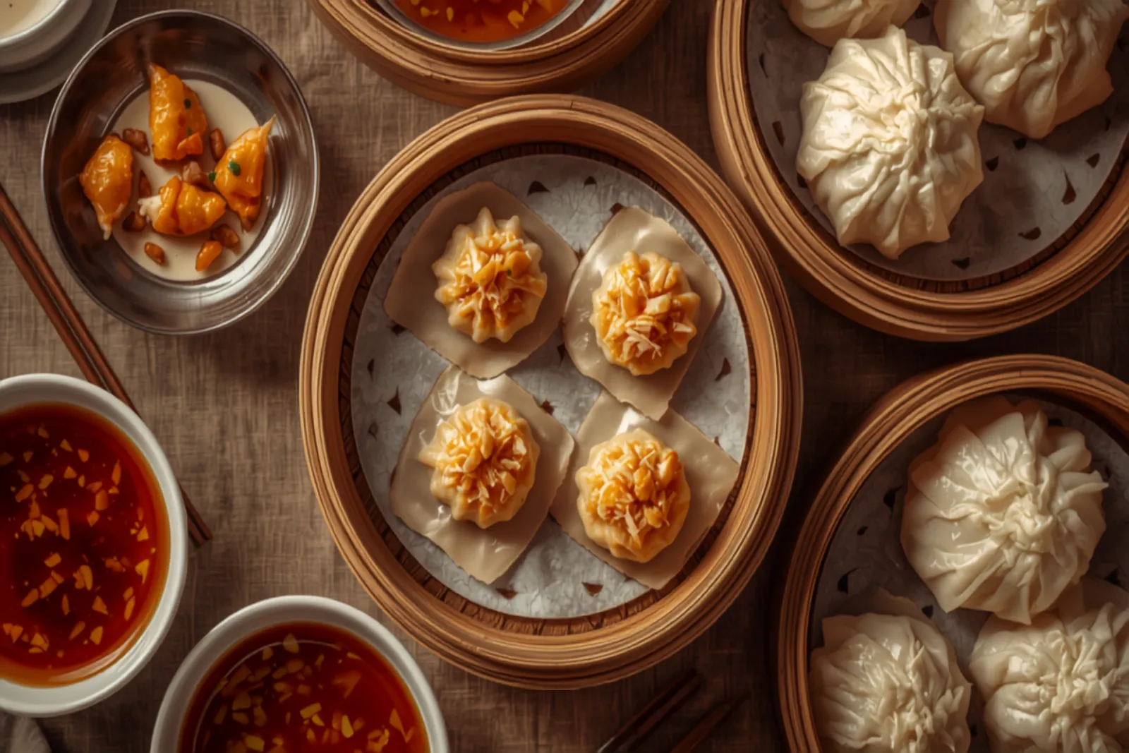 Bamboo steamer baskets of Cantonese dim sum, with open-topped pork and shrimp siu mai dumplings among other steamed dumplings.