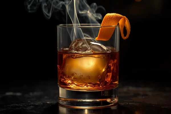 A smoked Old Fashioned in a rocks glass with wisps of wood smoke curling over the surface and an orange peel, moody dark light.
