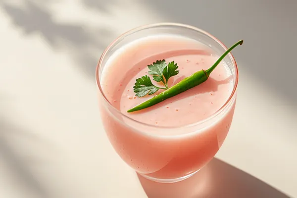 A glass of pale pink sol kadhi — kokum and coconut milk — garnished with coriander and a slit green chili, served chilled.