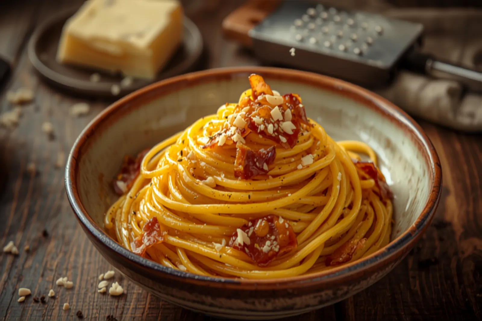 A bowl of spaghetti alla carbonara twirled into a nest, glossy with egg-and-Pecorino sauce, flecked with crisp golden guanciale and coarse black pepper, on a rustic table in warm natural light.