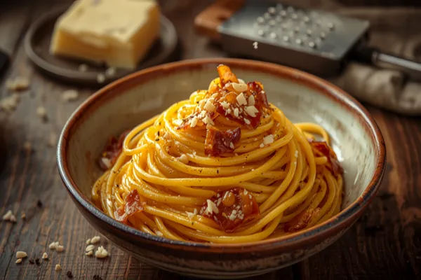A bowl of spaghetti alla carbonara twirled into a nest, glossy with egg-and-Pecorino sauce, flecked with crisp golden guanciale and coarse black pepper, on a rustic table in warm natural light.