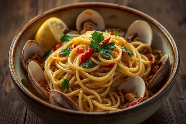 A bowl of glossy spaghetti alle vongole twirled with open clam shells, flecks of red chilli and green parsley, glistening with garlicky olive oil, a lemon wedge on the rim.