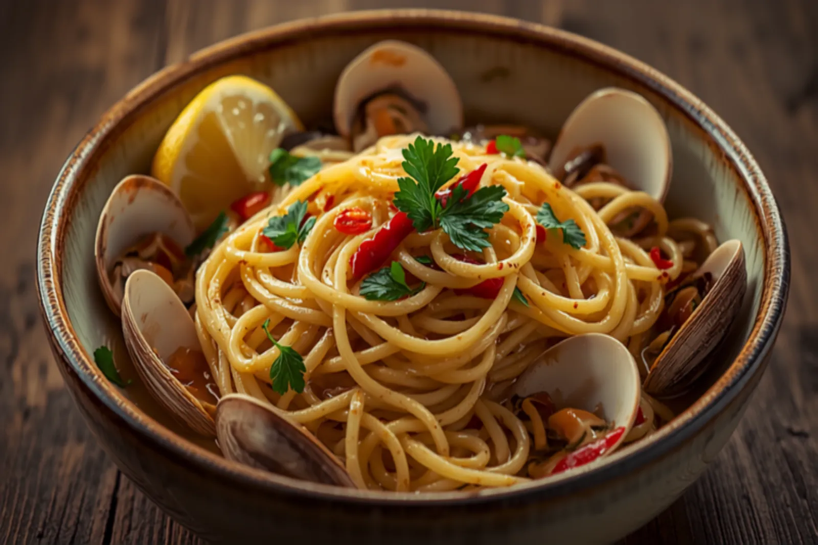A bowl of glossy spaghetti alle vongole twirled with open clam shells, flecks of red chilli and green parsley, glistening with garlicky olive oil, a lemon wedge on the rim.