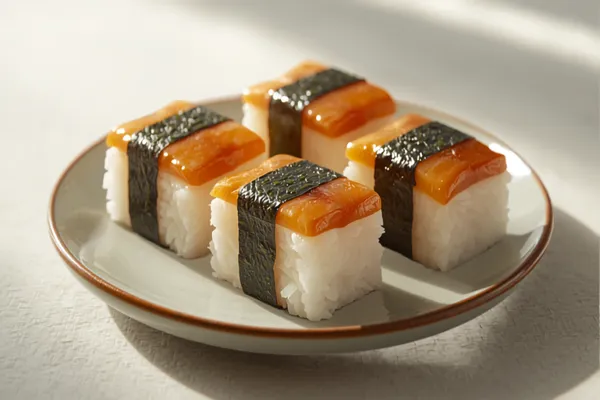Several Spam musubi — rectangular blocks of white rice topped with glazed golden-brown Spam slices and wrapped with a band of dark green nori — arranged on a plate.