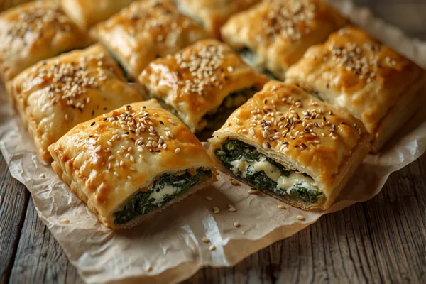 A golden, crisp-layered spanakopita cut into squares on parchment, the flaky phyllo top scattered with sesame seeds and one square tilted to show the dark-green spinach and white feta filling inside.