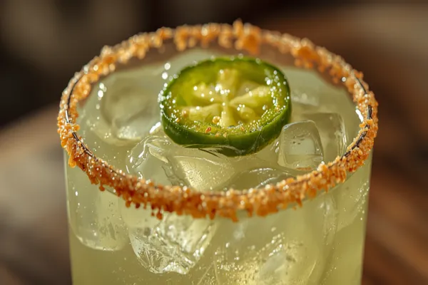 A spicy margarita in a chilli-salt-rimmed glass over ice with a jalapeño slice and lime wheel, bright light.