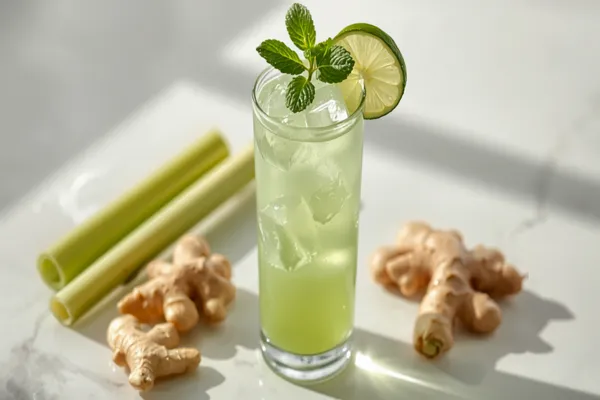 A tall glass of pale green sugarcane juice over ice with mint and a lime wedge, fresh cane batons and ginger on a bright table.
