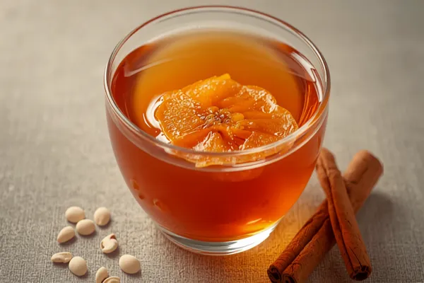 A glass bowl of deep amber sujeonggwa with a slice of soft dried persimmon and floating pine nuts, cinnamon sticks beside it.