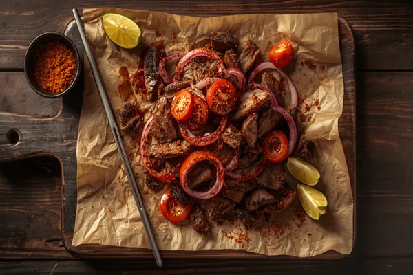 Overhead view of Nigerian beef suya piled on brown butcher paper over a dark weathered wooden board: charred, spice-crusted pieces of beef heaped with raw red onion rings and halved tomatoes, a long flat metal skewer laid across the paper, a small dark bowl of rust-red yaji spice powder and lemon wedges alongside, with loose red spice scattered over the paper.