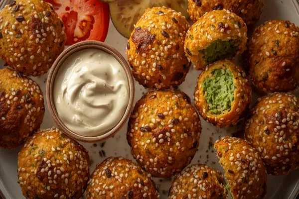 A plate of Egyptian ta'ameya — sesame-crusted golden fava-bean falafel patties, one split open to show a vivid green herby interior, with a bowl of tahini sauce, tomato and pickles alongside.
