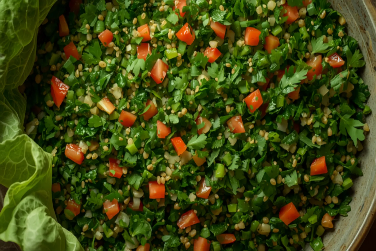 A vivid green bowl of tabbouleh — finely chopped parsley and mint flecked with red diced tomato and pale bulgur, glistening with olive oil and lemon, crisp romaine leaves tucked at the side.