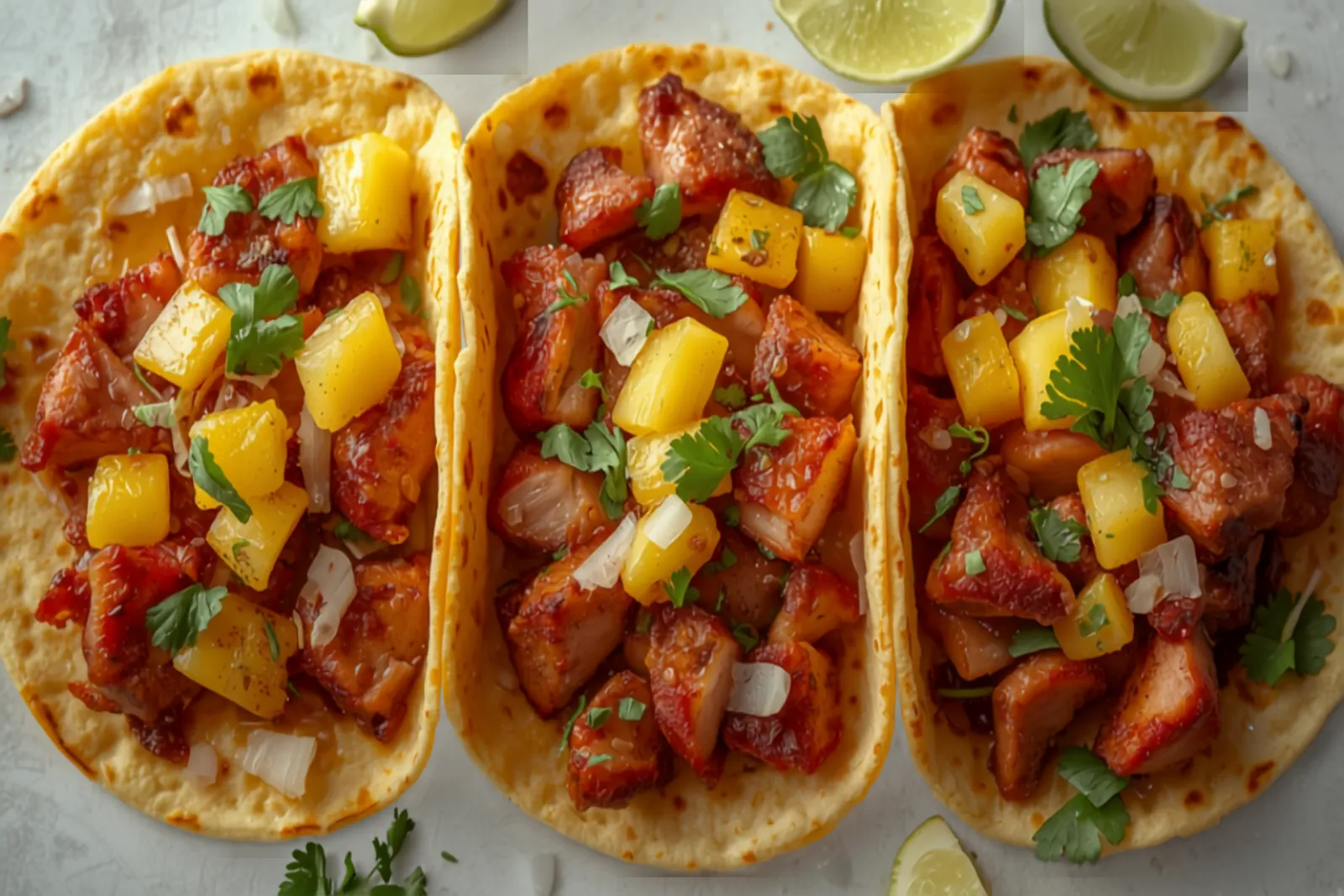 Three tacos al pastor on doubled corn tortillas, piled with crisp-edged red-stained pork, diced golden pineapple, white onion, and chopped coriander, with lime wedges alongside.