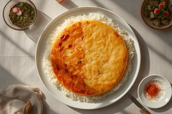 Overhead view of a whole disc of Persian tahdig inverted onto a wide white ceramic platter, its crisp rice crust facing up — deep russet-orange and blistered across the left half, pale golden and smooth across the right — sitting on a ring of fluffy separate white long-grain rice. Soft window light rakes across a pale linen cloth, with a glass bowl of dark green herb stew and a bowl of chicken and radishes at the top of the frame, a small white dish of loose red saffron threads and a wooden-handled knife at the lower right, and a crumpled linen napkin at the lower left.